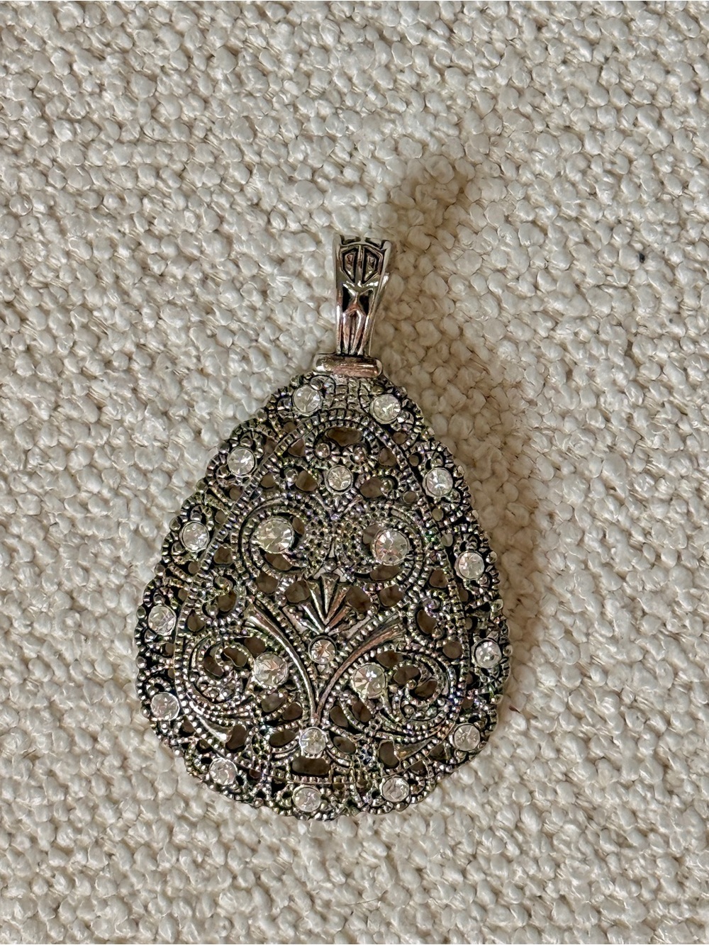 Premier Designs Silver-Tone Filigree Teardrop magnetic Pendant Rhinestones